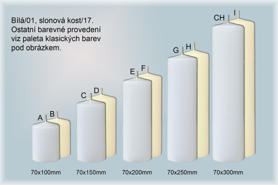Svíčky válce Ø70mm (bílá/01, sl.kost/17)